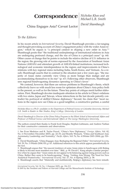 Correspondence: China Engages Asia? Caveat Lector Correspondence Nicholas Khoo and Michael L.R