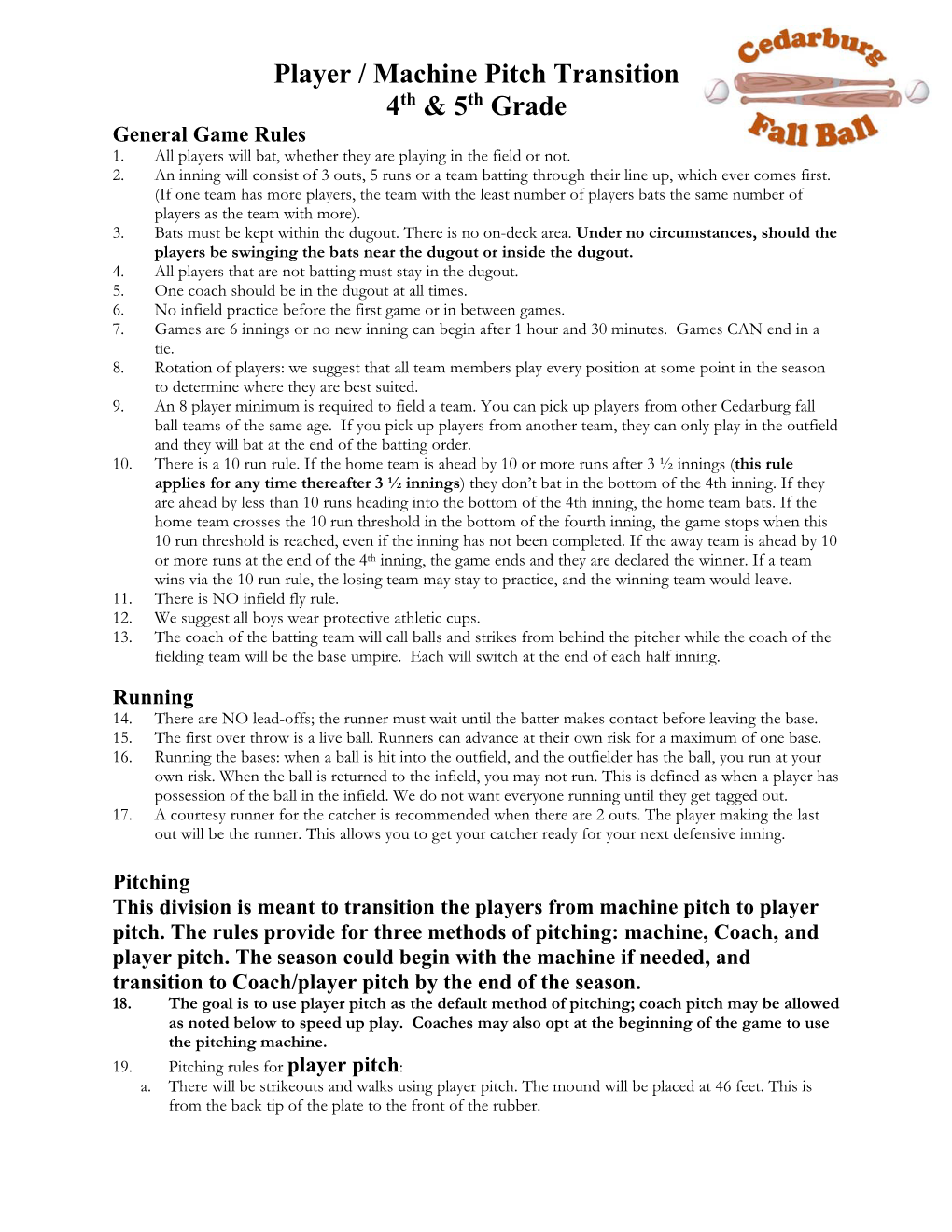 Player / Machine Pitch Transition 4Th & 5Th Grade