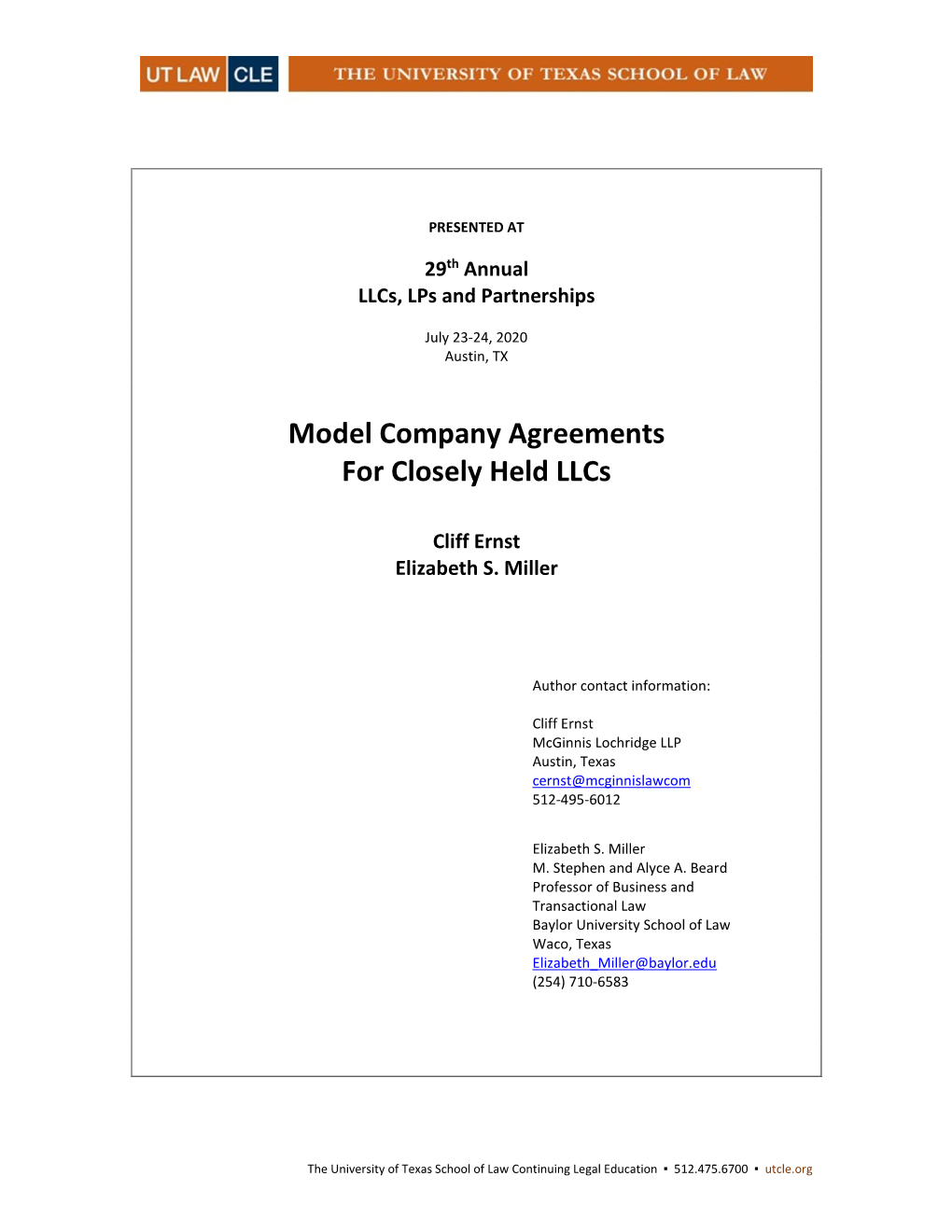 Model Company Agreements for Closely Held Llcs