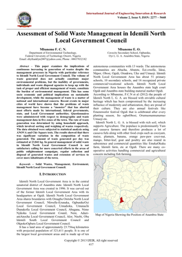 Assessment of Solid Waste Management in Idemili North Local Government Council