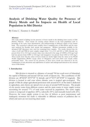 Analysis of Drinking Water Quality for Presence of Heavy Metals and Its Impacts on Health of Local Population in Sibi District