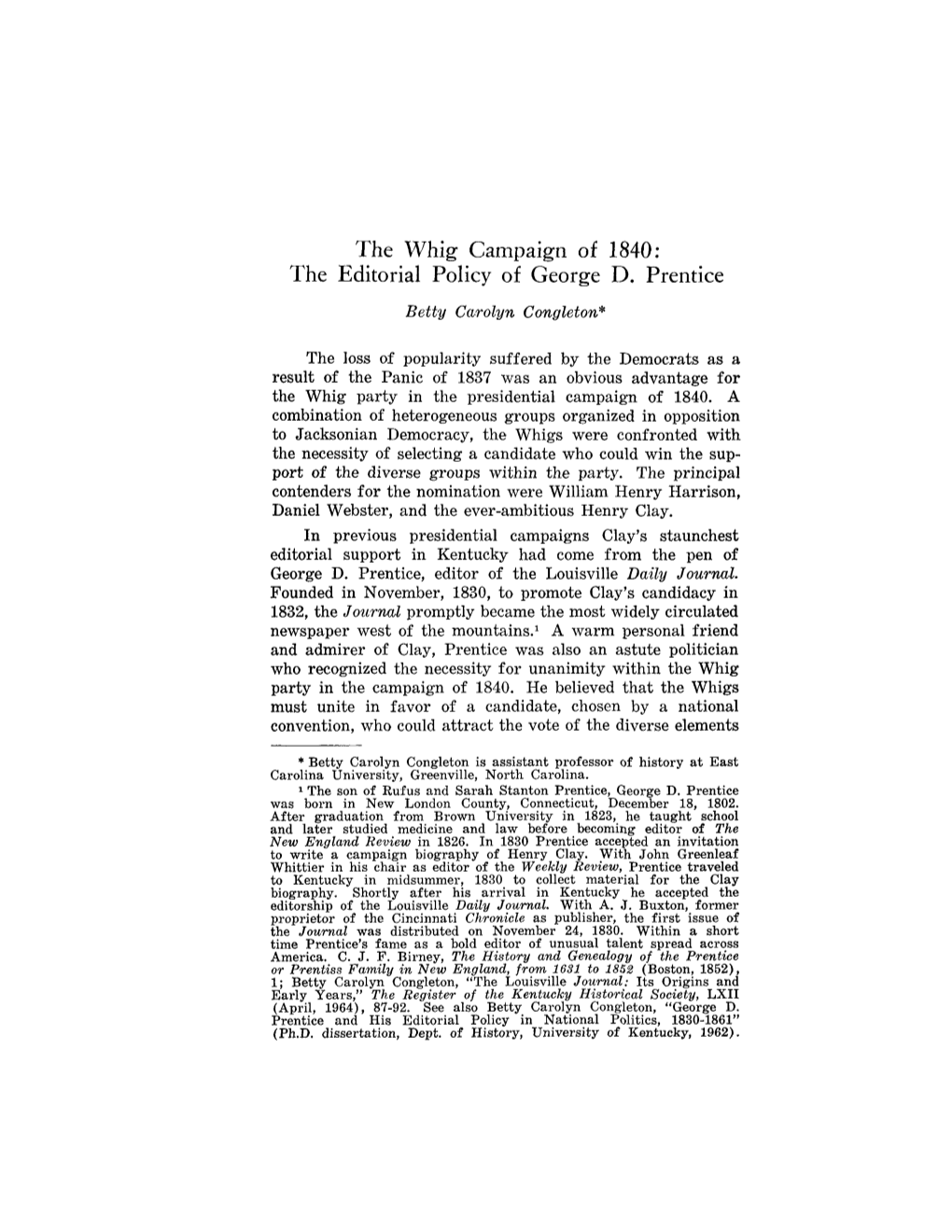 The Whig Campaign of 1840: the Editorial Policy of George D