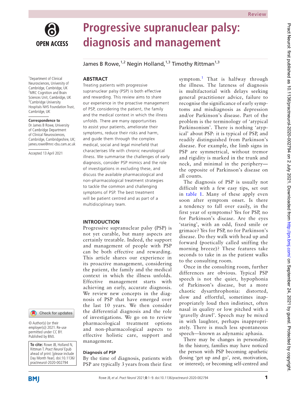 Progressive Supranuclear Palsy: Diagnosis and Management