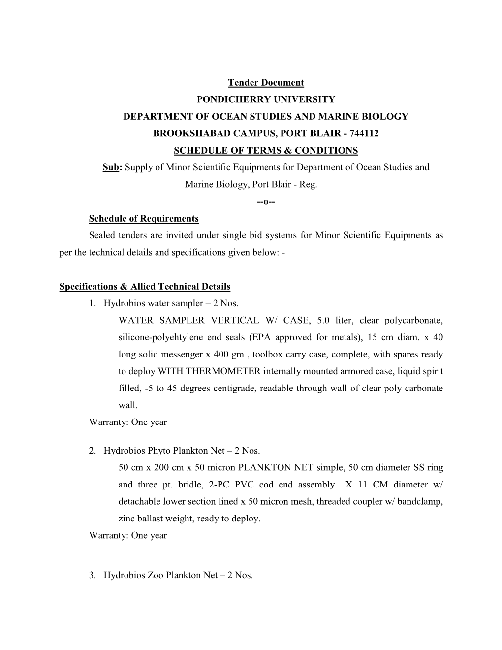 Tender Document PONDICHERRY UNIVERSITY DEPARTMENT OF