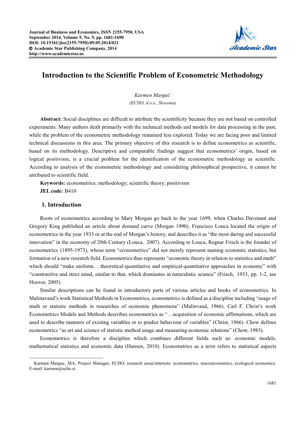 Introduction to the Scientific Problem of Econometric Methodology