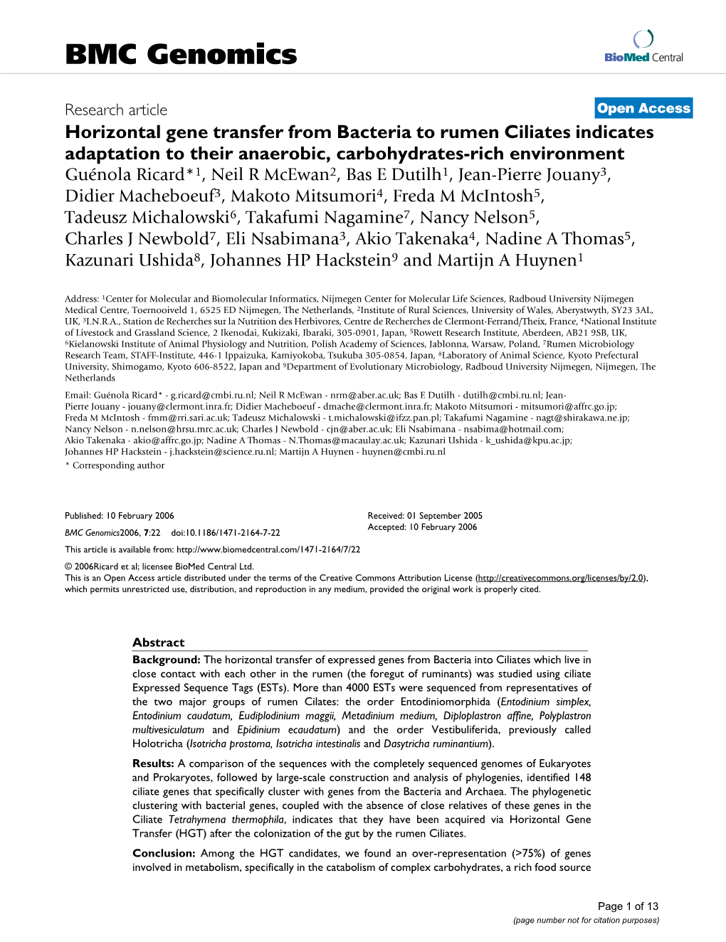 Horizontal Gene Transfer from Bacteria to Rumen Ciliates Indicates