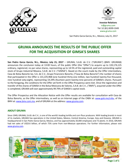 Gruma Announces the Results of the Public Offer for the Acquisition of Gimsa’S Shares