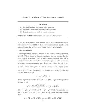 Cardano's Method for Roots of Cubic Equations