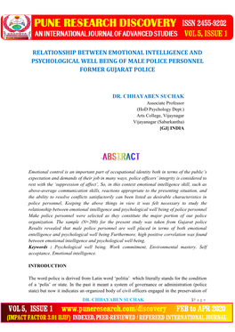 Relationship Between Emotional Intelligence and Psychological Well Being of Male Police Personnel Former Gujarat Police