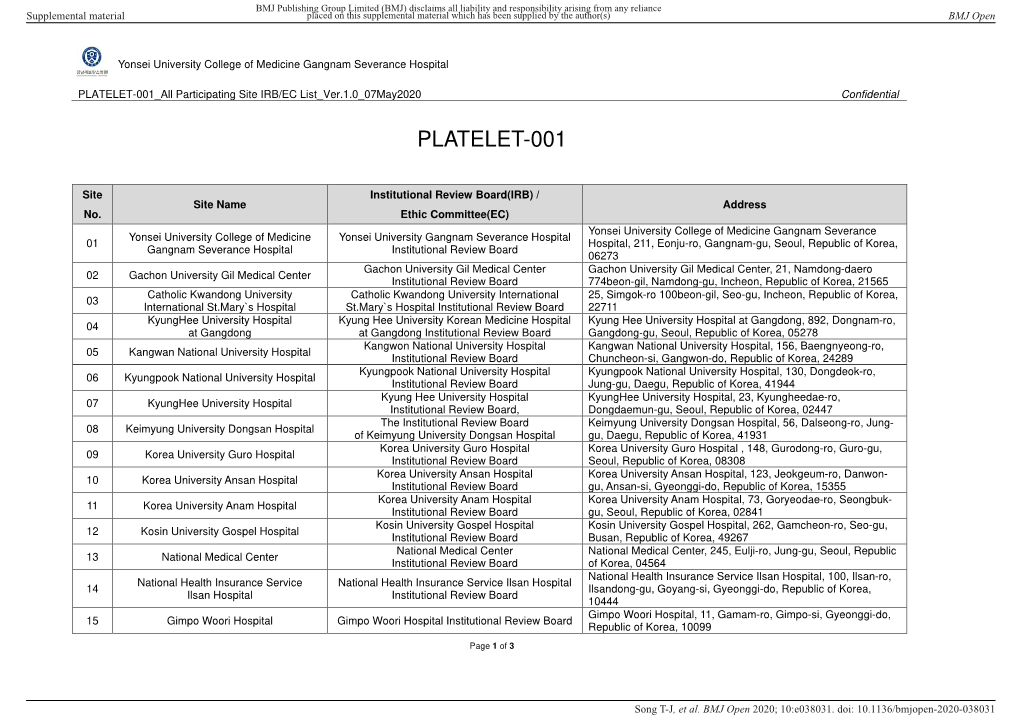 PLATELET-001 All Participating Site IRB/EC List Ver.1.0 07May2020 Confidential