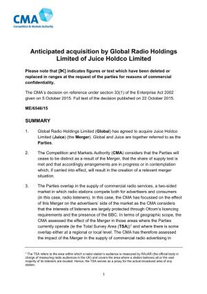 Global Radio Holdings Limited of Juice Holdco Limited