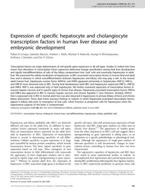 Expression of Specific Hepatocyte and Cholangiocyte Transcription Factors