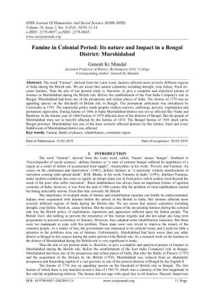 Famine in Colonial Period: Its Nature and Impact in a Bengal District: Murshidabad
