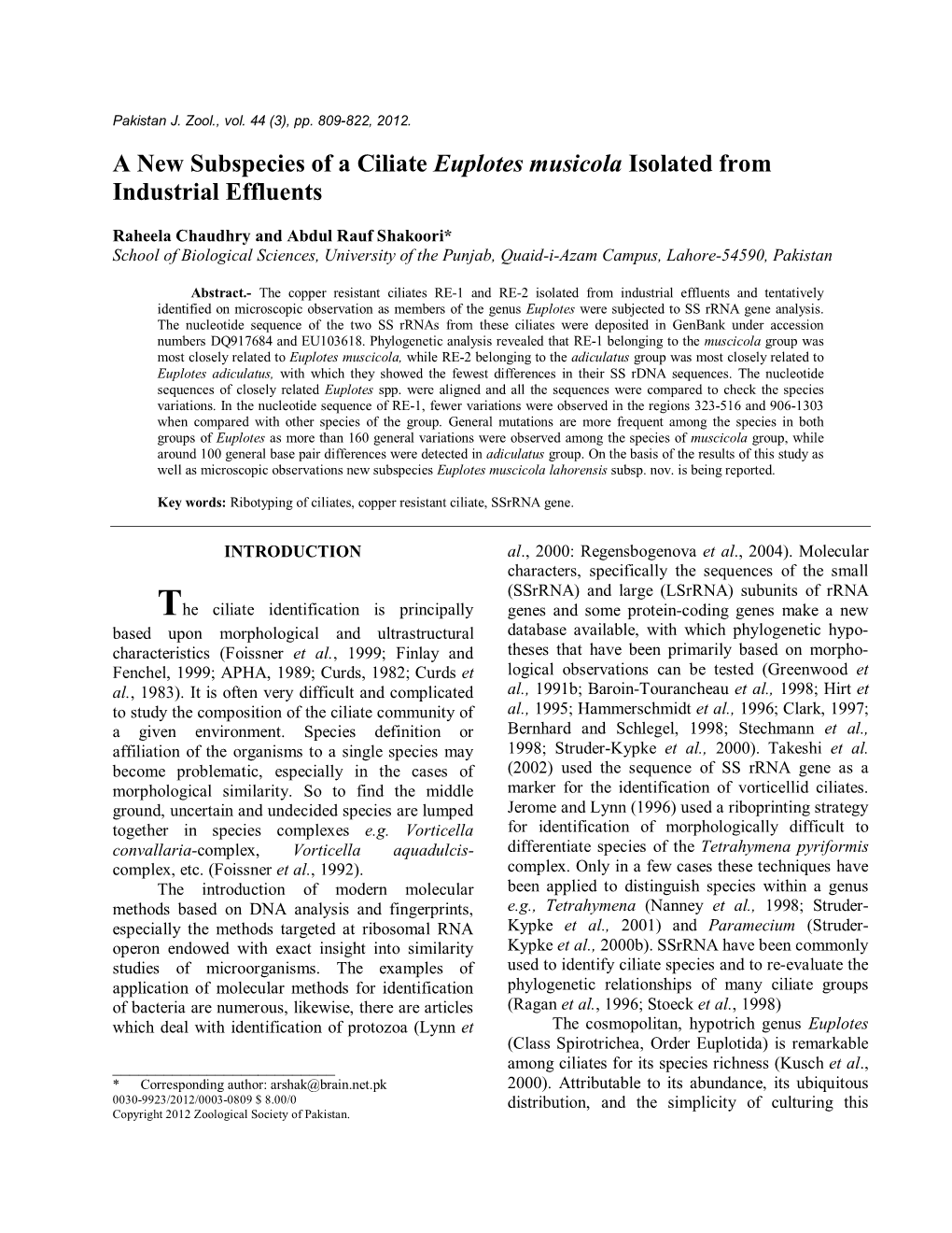 A New Subspecies of a Ciliate Euplotes Musicola Isolated from Industrial Effluents