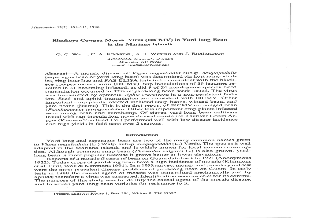 Blackeye Cowpea Mosaic Virus (BICMV) in Yard-Long Bean in the Mariana Islands