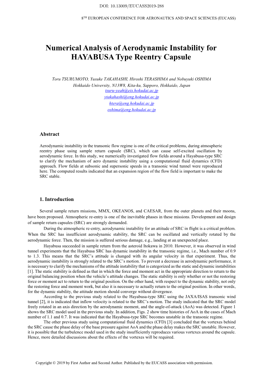 Numerical Analysis of Aerodynamic Instability for HAYABUSA Type Reentry Capsule