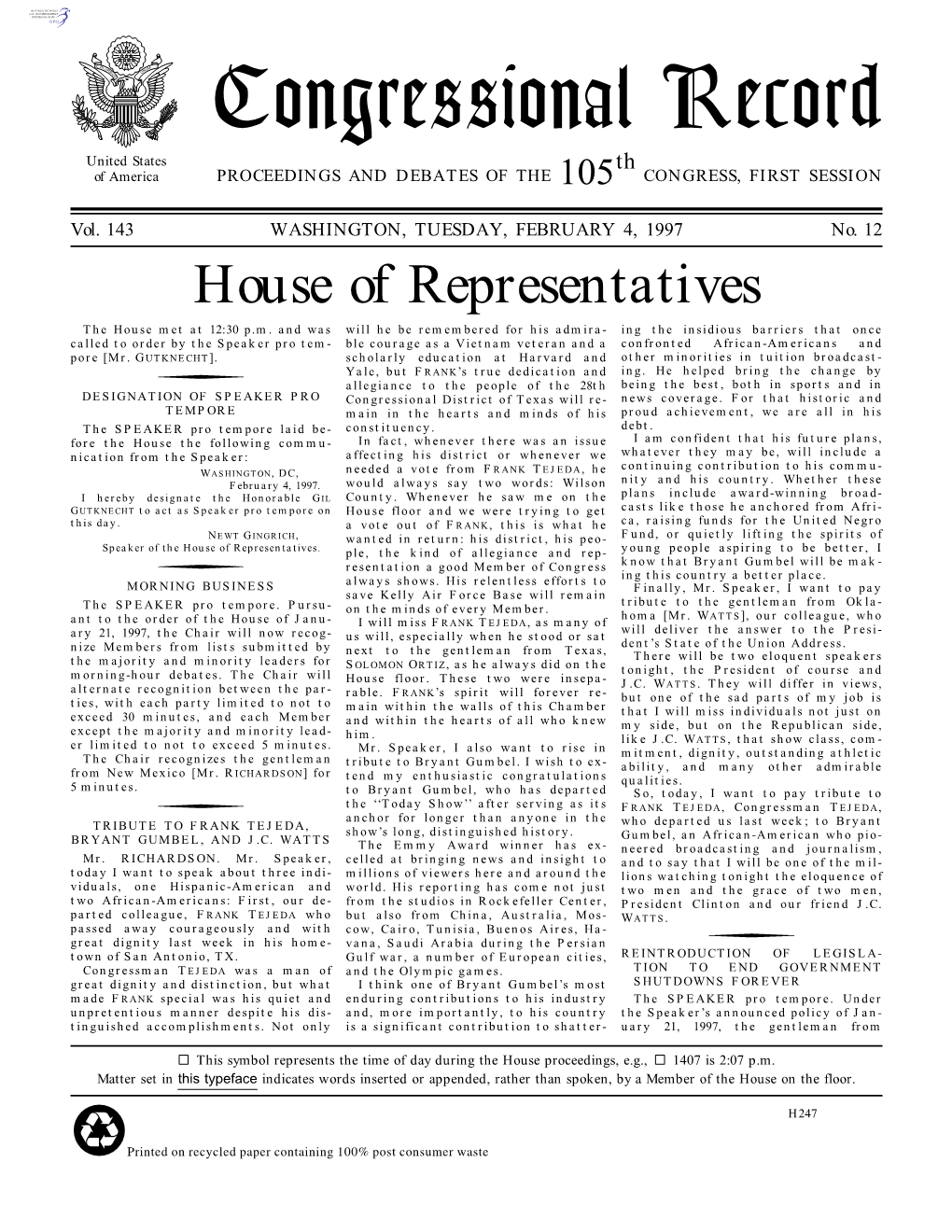 Congressional Record United States Th of America PROCEEDINGS and DEBATES of the 105 CONGRESS, FIRST SESSION