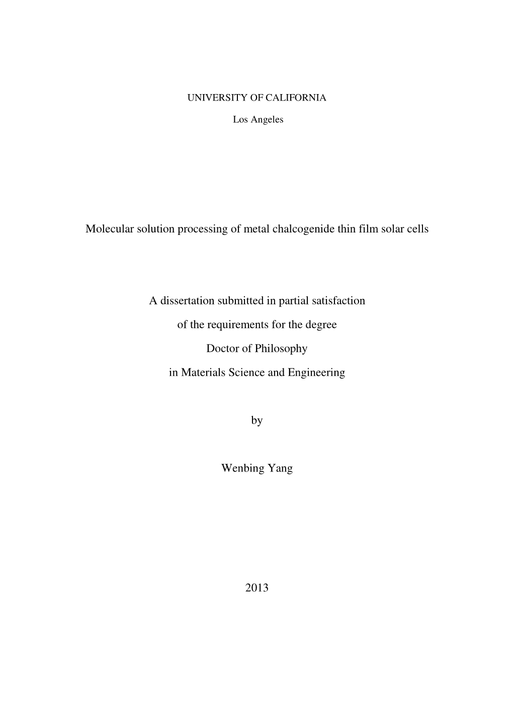 Molecular Solution Processing of Metal Chalcogenide Thin Film Solar Cells