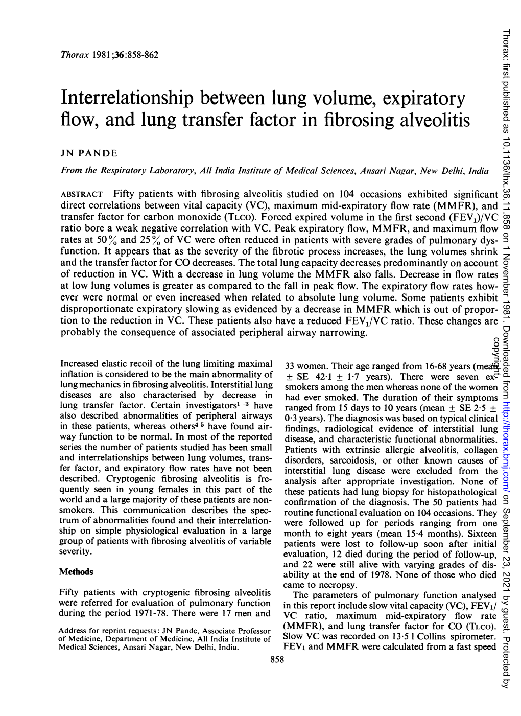 Interrelationship Between Lung Volume, Expiratory Flow, and Lung Transfer Factor in Fibrosing Alveolitis