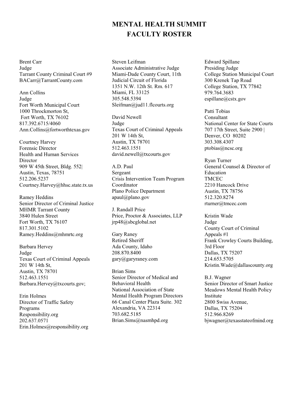 Mental Health Summit Faculty Roster