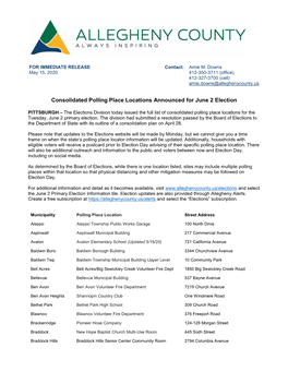 Consolidated Polling Place Locations Announced for June 2 Election
