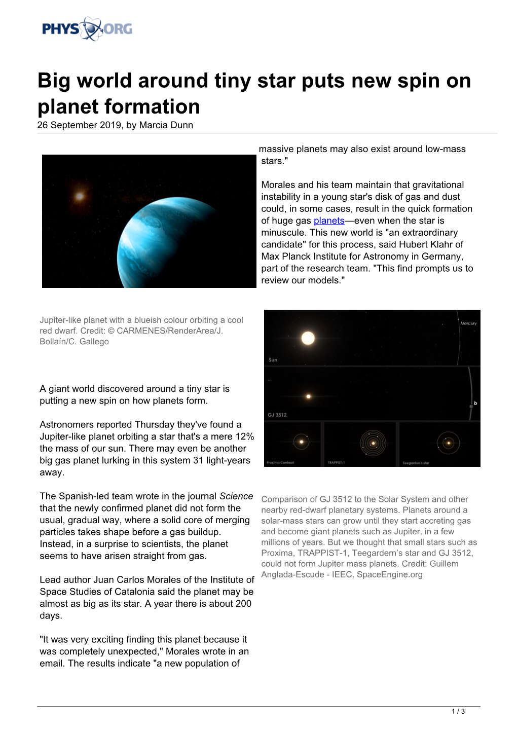 Big World Around Tiny Star Puts New Spin on Planet Formation 26 September 2019, by Marcia Dunn