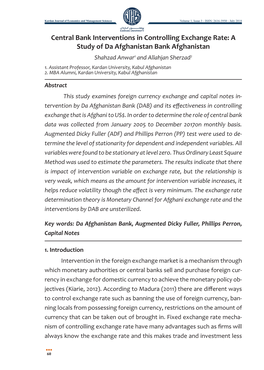 Central Bank Interventions in Controlling Exchange Rate: a Study of Da Afghanistan Bank Afghanistan Shahzad Anwar1 and Allahjan Sherzad2 1