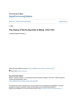 The History of the Ku Klux Klan in Maine, 1922-1931