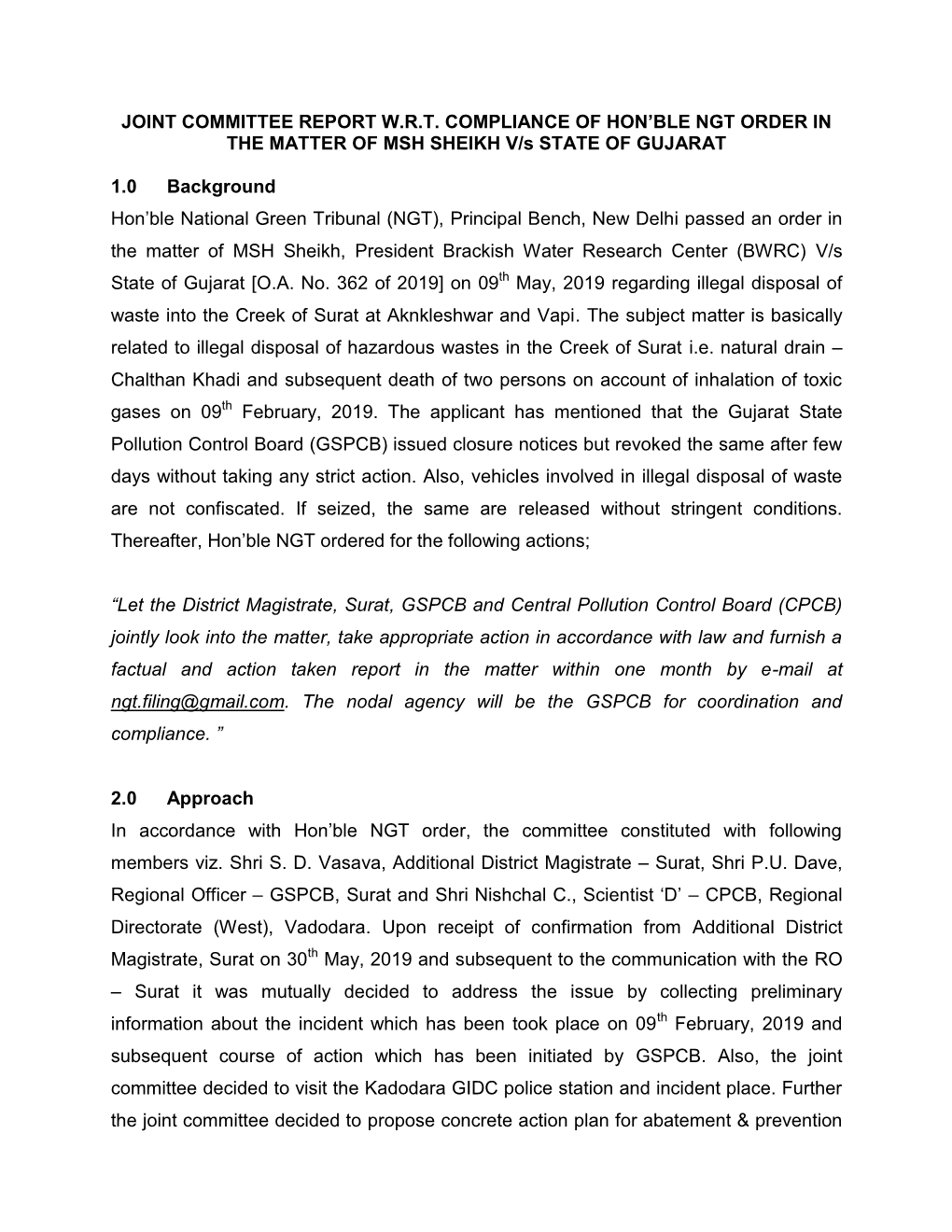 Joint Committee Report Wrt Compliance of Hon'ble Ngt Order In