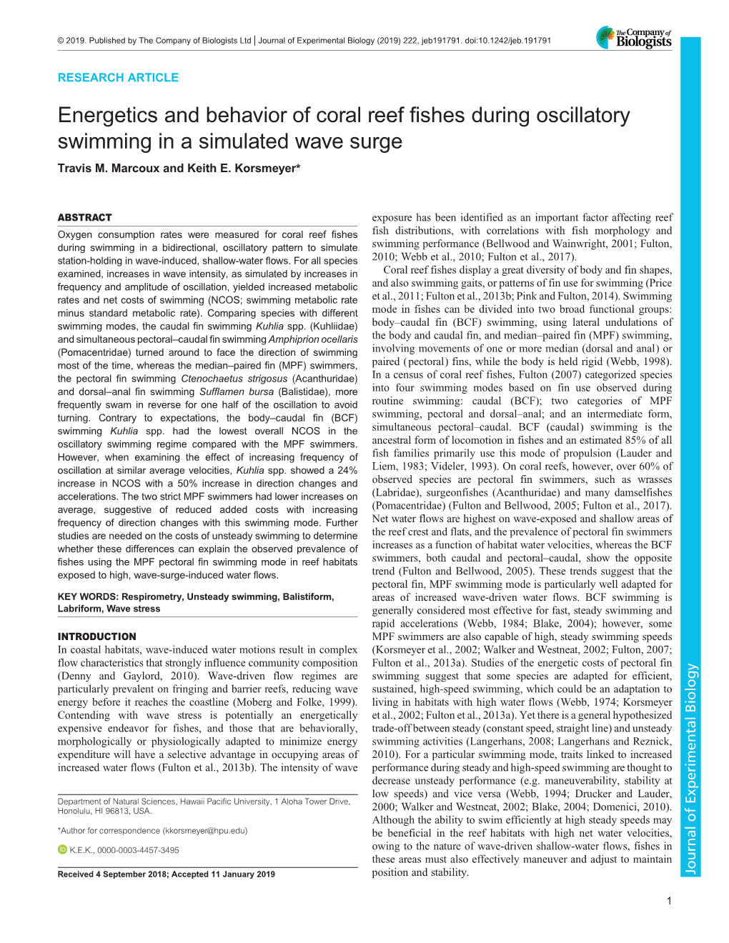 Energetics and Behavior of Coral Reef Fishes During Oscillatory Swimming in a Simulated Wave Surge Travis M