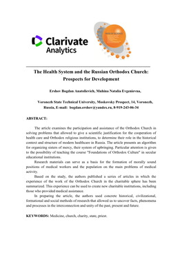 The Health System and the Russian Orthodox Church: Prospects for Development