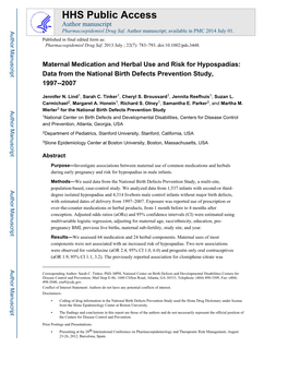 Maternal Medication and Herbal Use and Risk for Hypospadias: Data from the National Birth Defects Prevention Study, 1997--2007