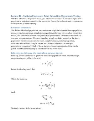 Lecture 14 – Statistical Inference, Point Estimation, Hypothesis Testing