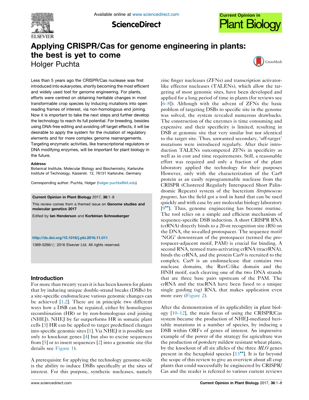 Applying CRISPR/Cas for Genome Engineering in Plants