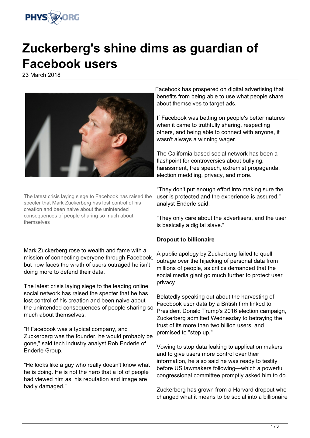 Zuckerberg's Shine Dims As Guardian of Facebook Users 23 March 2018