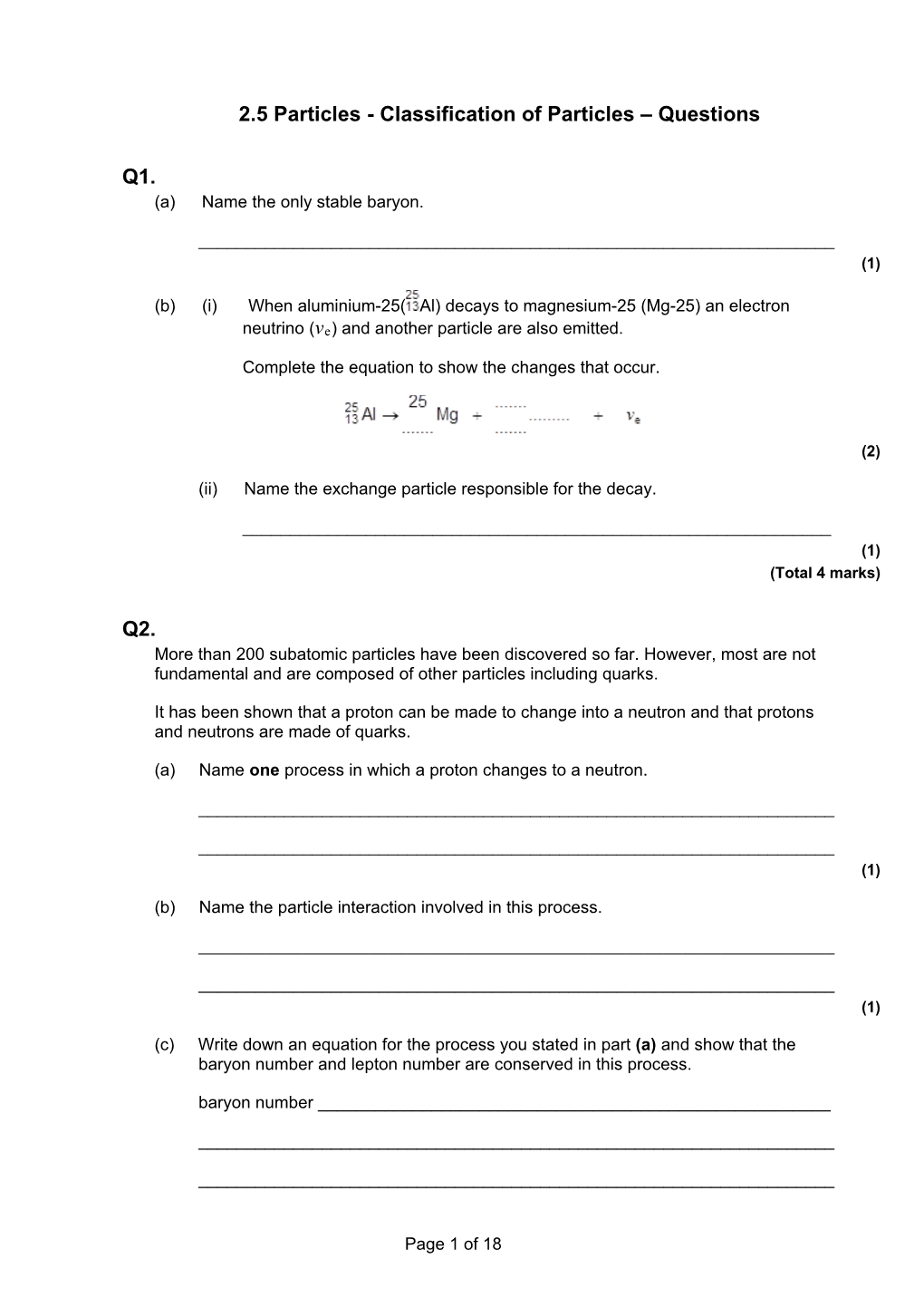 Classification of Particles – Questions