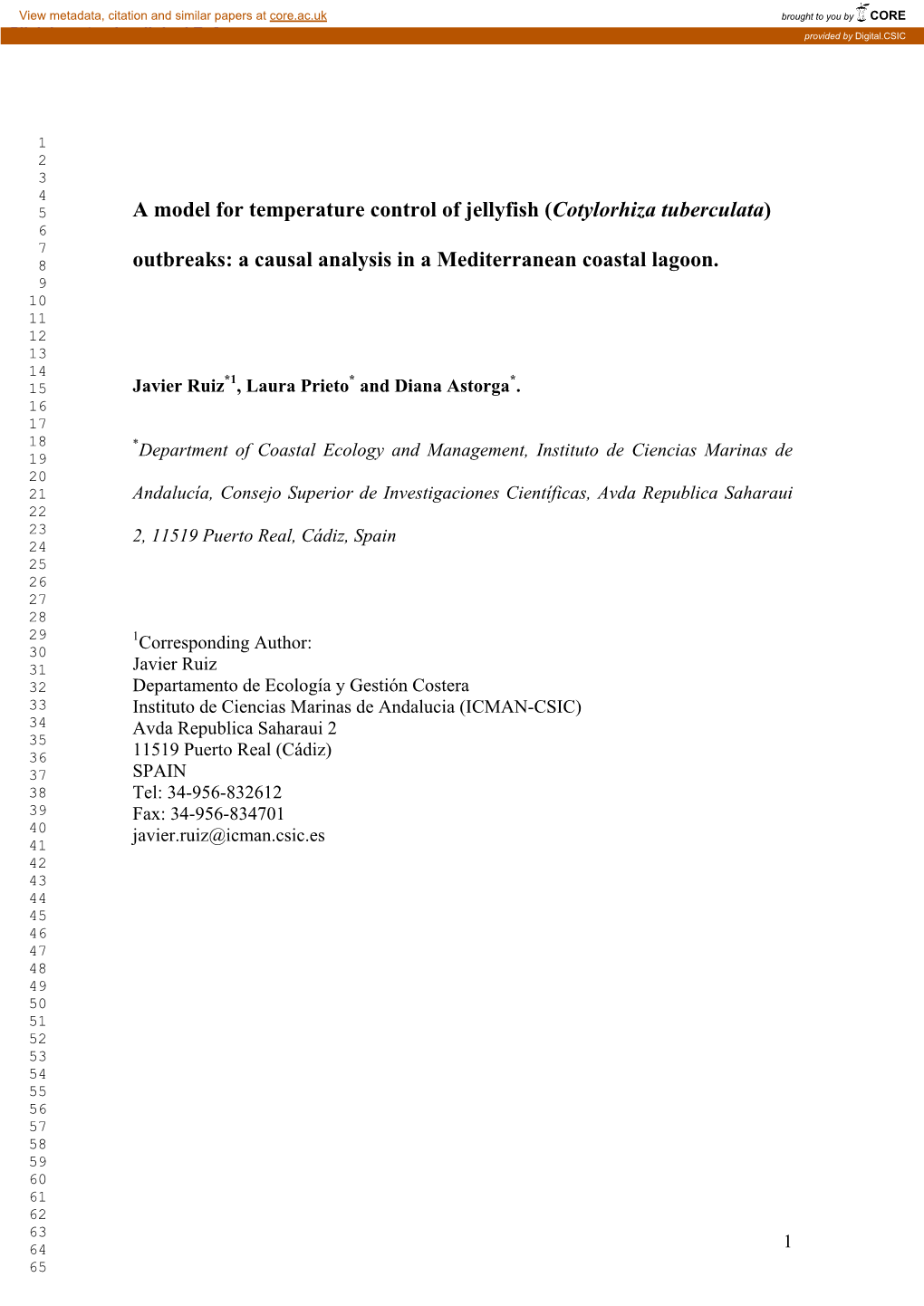 Cotylorhiza Tuberculata) 6 7 8 Outbreaks: a Causal Analysis in a Mediterranean Coastal Lagoon