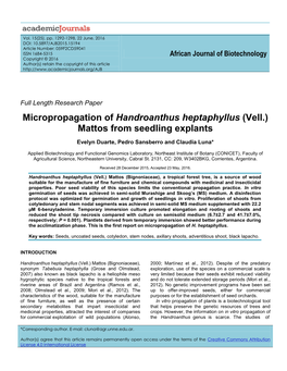 Micropropagation of Handroanthus Heptaphyllus (Vell.) Mattos from Seedling Explants