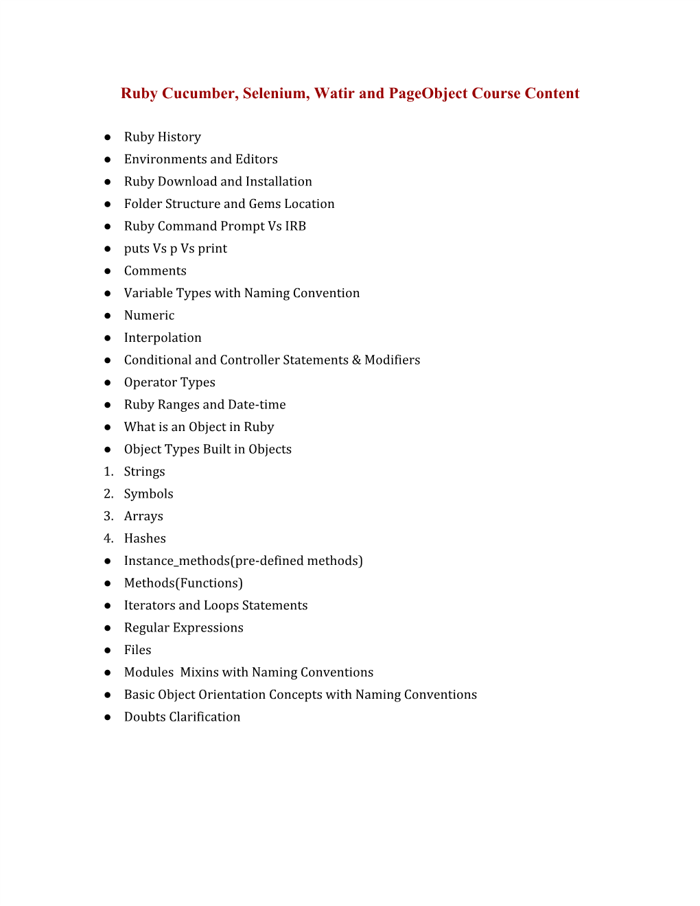 Ruby Cucumber, Selenium, Watir and Pageobject Course Content