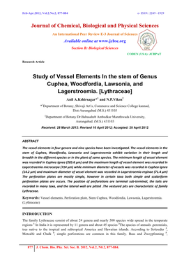 Study of Vessel Elements in the Stem of Genus Cuphea, Woodfordia, Lawsonia, and Lagerstroemia