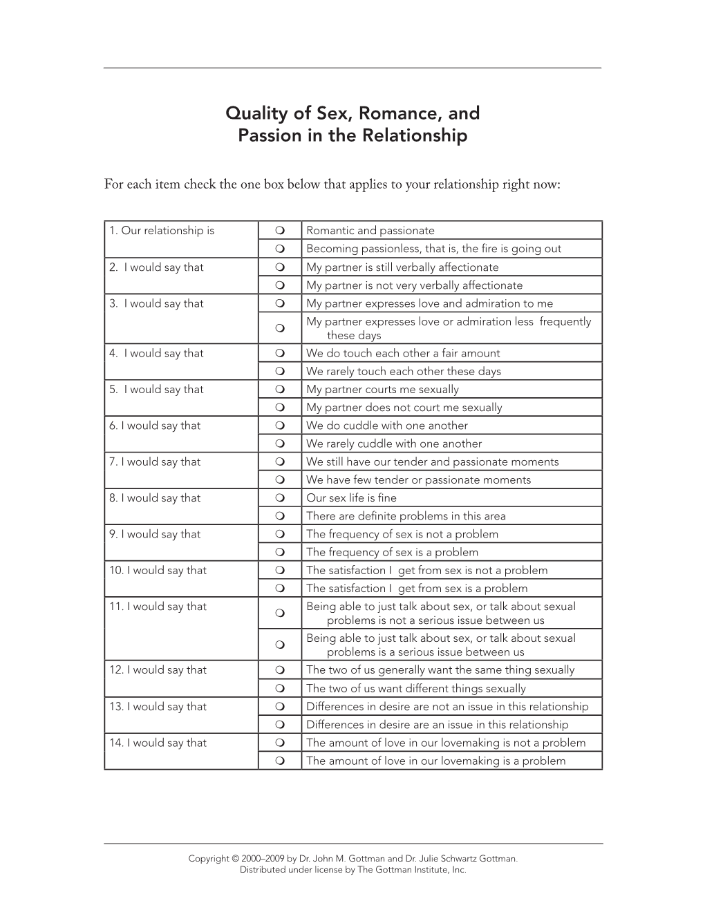 Quality of Sex, Romance, and Passion in the Relationship