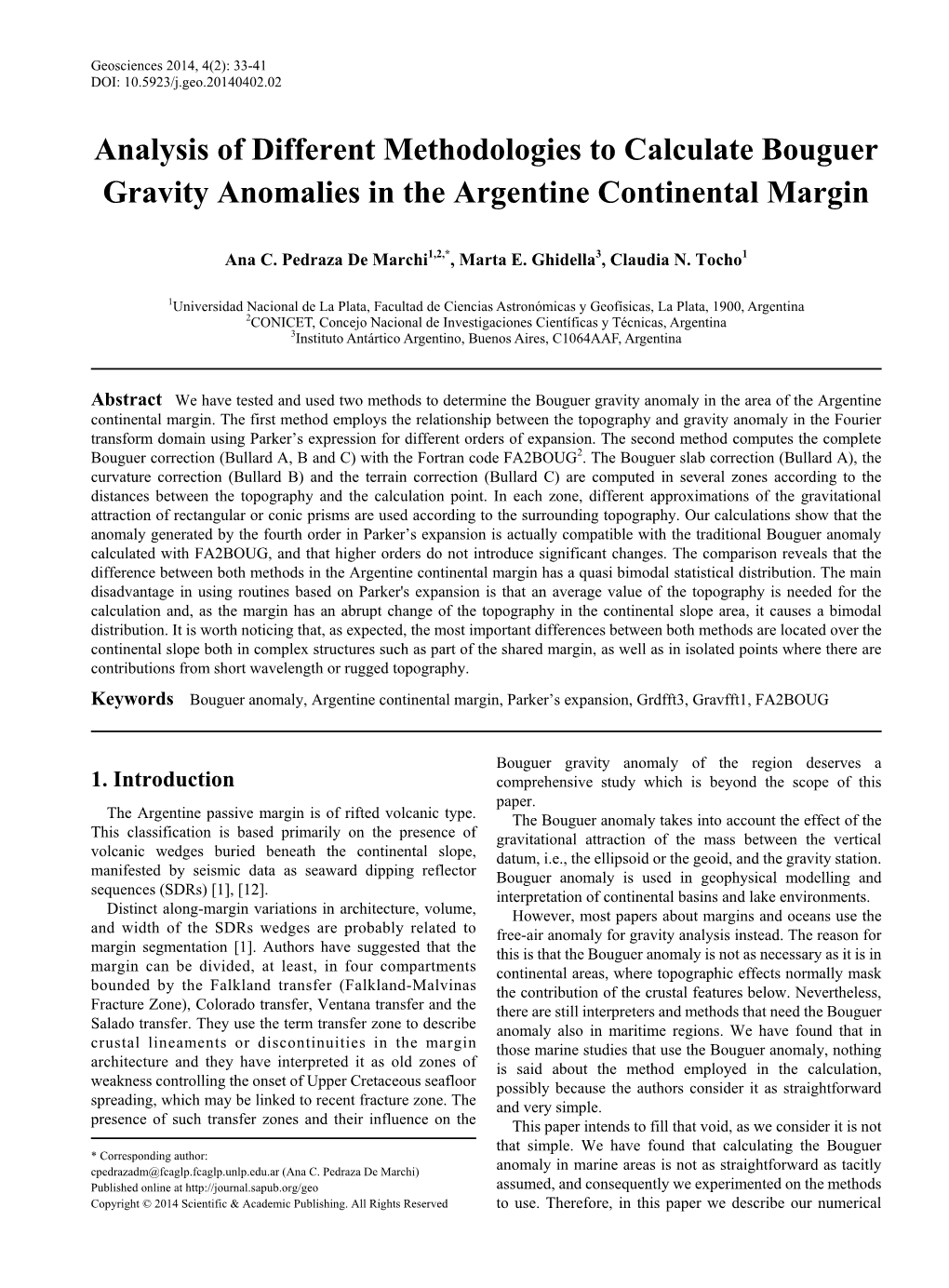 Analysis of Different Methodologies to Calculate Bouguer Gravity Anomalies in the Argentine Continental Margin