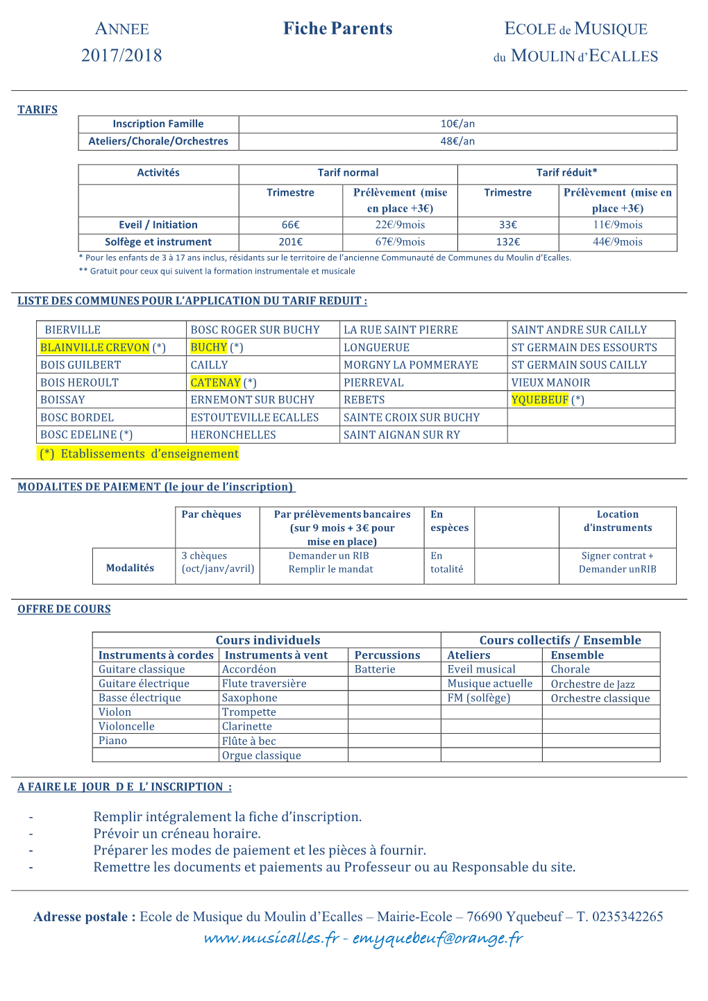 ANNEE Fiche Parents ECOLE De MUSIQUE 2017/2018 Du MOULIN D’ECALLES