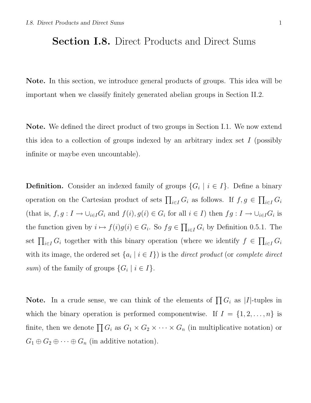 Section I.8. Direct Products and Direct Sums