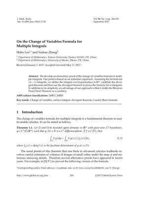 On the Change of Variables Formula for Multiple Integrals 1 Introduction