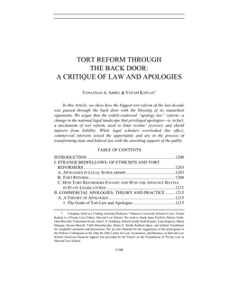 Tort Reform Through the Back Door: a Critique of Law and Apologies