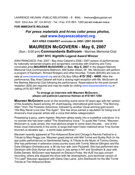 MAUREEN Mcgovern - May 6, 2007 (Sun.- 5:00 Pm) Commandants Ballroom - Marines Memorial Club “ 2007 NYC Nightlife Legend Award Winner