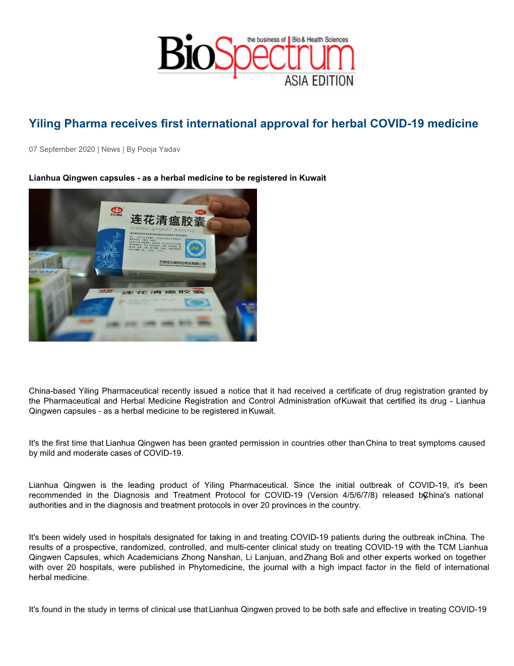 Yiling Pharma Receives First International Approval for Herbal COVID-19 Medicine