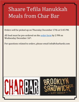 Shaare Tefila Hanukkah Meals from Char Bar