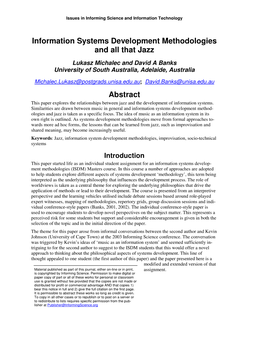 Information Systems Development Methodologies and All That Jazz Lukasz Michalec and David a Banks University of South Australia, Adelaide, Australia